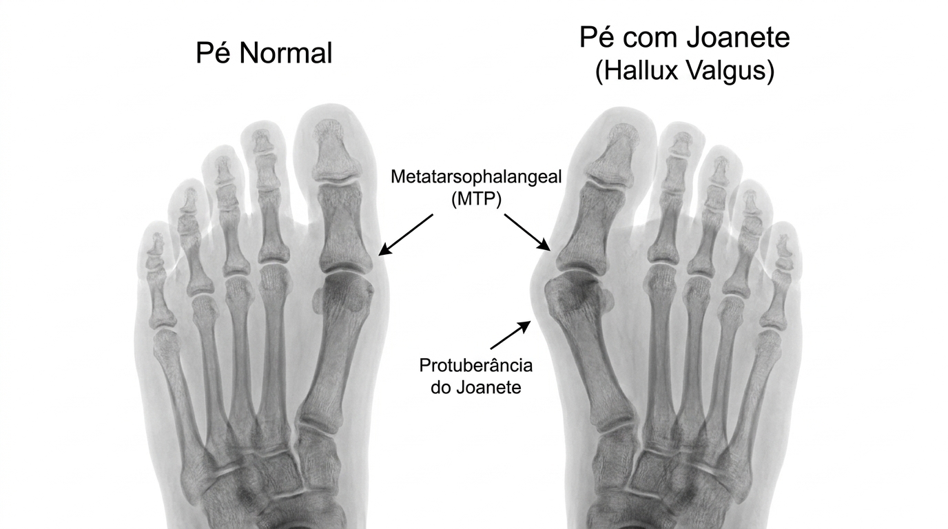 Raio-X comparativo de pé normal vs. pé com joanete